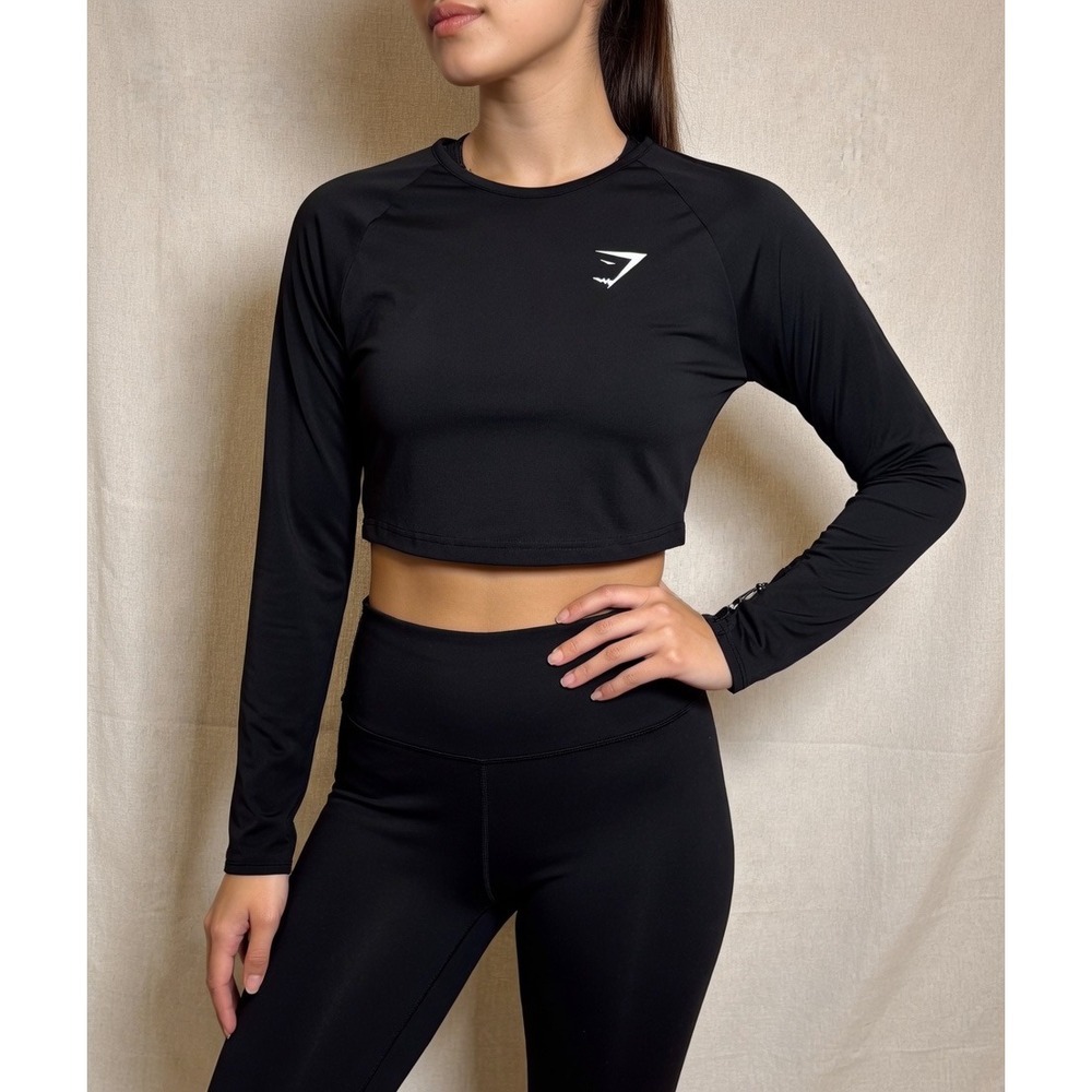 Gymshark Womens Black Long Sleeve Crop Top Mesh Back Thumbholes Sz Small